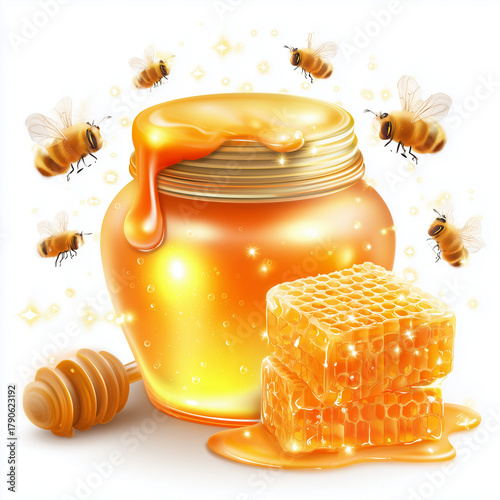 Sweet Nature's Treasure: A golden jar of honey, surrounded by buzzing bees, a honeycomb, and a wooden honey dipper. A beautiful composition that conveys sweetness and nature's bounty.