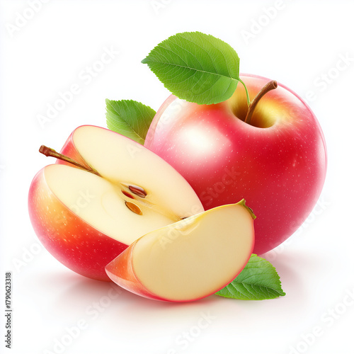 Juicy Red Apple Still Life: Vibrant image of a ripe red apple, sliced to reveal its crisp interior, and accompanied by fresh green leaves. perfect for any health or food concept.