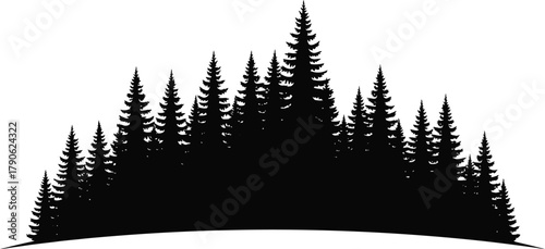Silhouette of a dense evergreen forest against a white background creating a serene and natural landscape scene for design elements