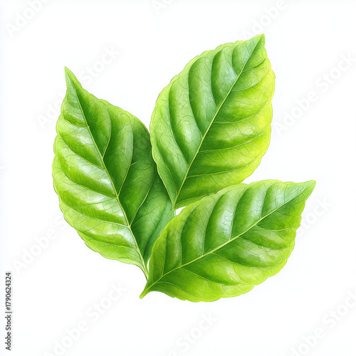 Lush Green Leaves: Close-up of three vibrant green leaves with intricate textures, embodying the vitality of nature.