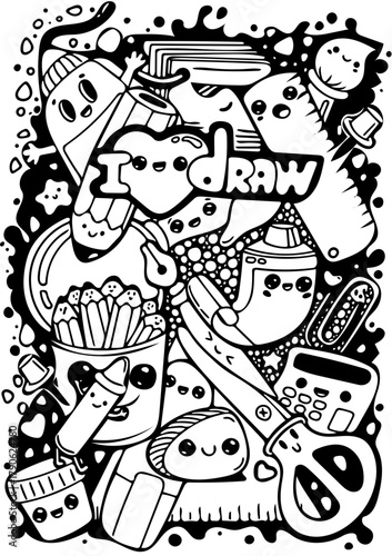 Charming black and white doodle art illustration depicting cute, anthropomorphic art supplies joyfully celebrating the love for drawing and creative expression