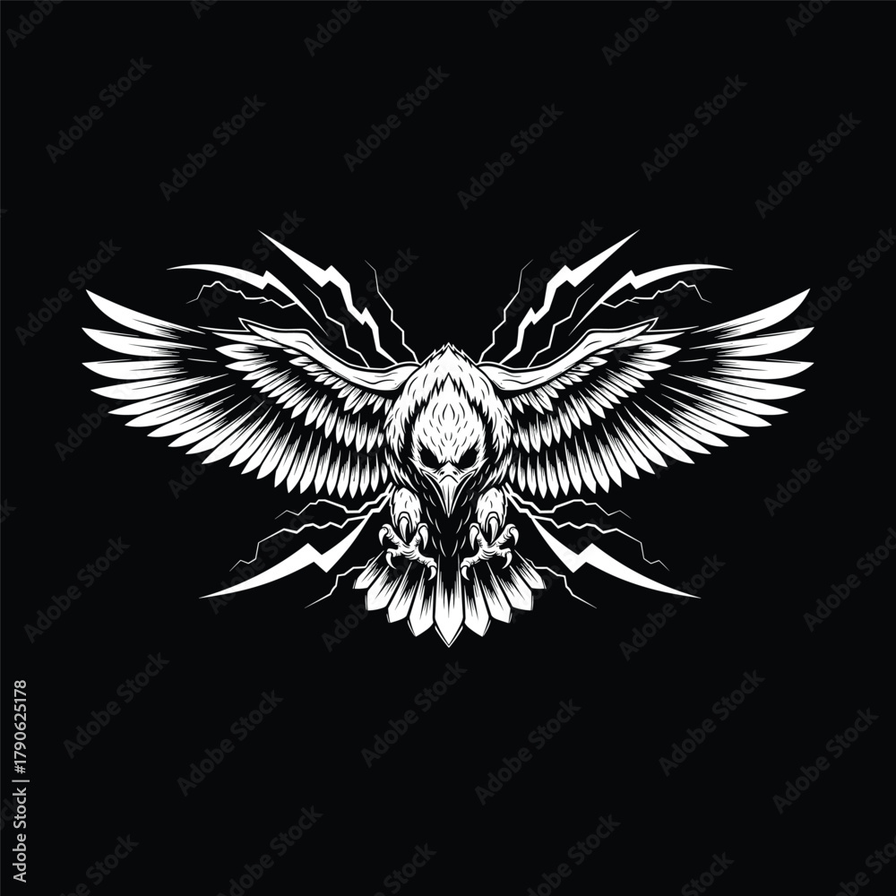 Fototapeta premium Furious eagle mascot with spread wings and lightning on black background