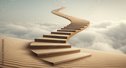 A winding staircase ascends through clouds in a surreal sky scene
