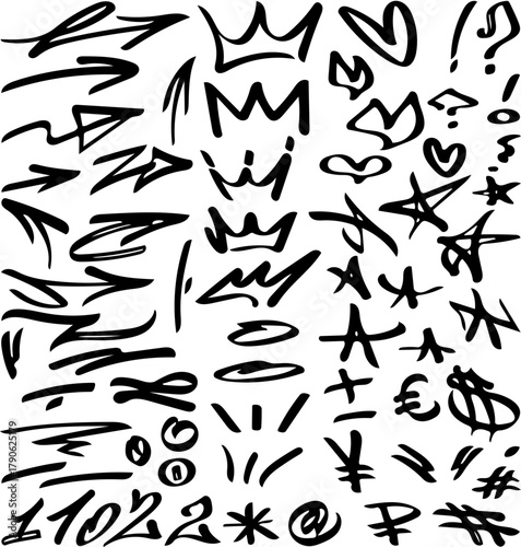 Hand-drawn collection of urban graffiti elements with arrows, crowns, and hearts. Vector set of street art symbols and marker pen doodles for creative design