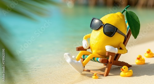 Lemon character relaxing on a beach chair with sunglasses and rubber ducks in a sunny outdoor setting