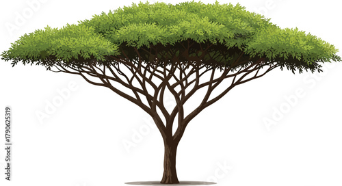 Solitary acacia tree with a wide canopy of green leaves standing against a plain white background in a nature illustration for design projects
