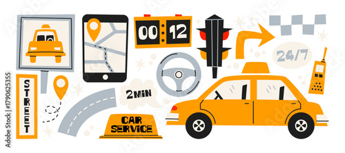 Taxi car service and city transport icons in retro cartoon style. Yellow cab, taxi sign, mobile map, traffic light. Urban ride composition for navigation, car sharing and transport illustration
