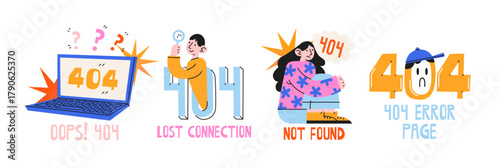 Error 404 illustrations in retro cartoon style. Funny characters with laptops, magnifiers and web symbols showing page not found, modern UI design concept, funky doodle composition, trendy shapes