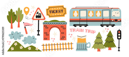 Train travel stickers in retro cartoon style. Collection with passenger train, railway tunnel, traffic light, ticket sign, forest trees, mountains. Travel elements set for tourism and adventure.