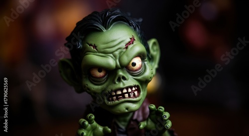 A creepy zombie figurine with green skin and exaggerated facial features