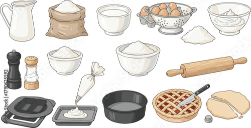 Baking ingredients, kitchen tools, flour sack, sugar bowl, milk pitcher, pie crust, rolling pin, baking tray, cartoon style, dessert prep