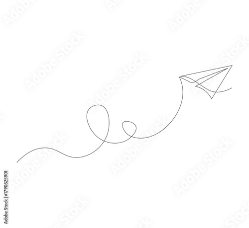 Continuous line paper airplane, white background. Abstract doodle email, letter plane. Vector abstract illustration of business trip flying ship in the sky.