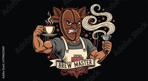 Brew master coffee mascot with coffee bean head holding a cup and portafilter with steam