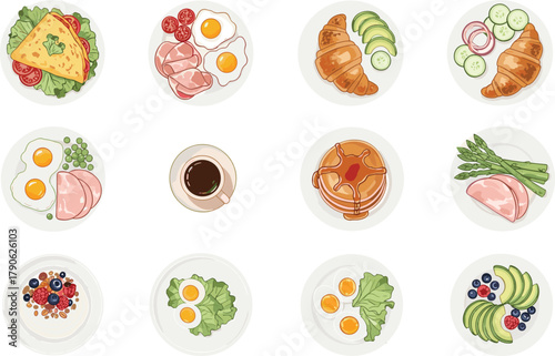 Breakfast variety, healthy meals, eggs, croissant, avocado, oatmeal, pancakes, coffee, kiwi, ham, vegetables, nutrition, morning food, plate