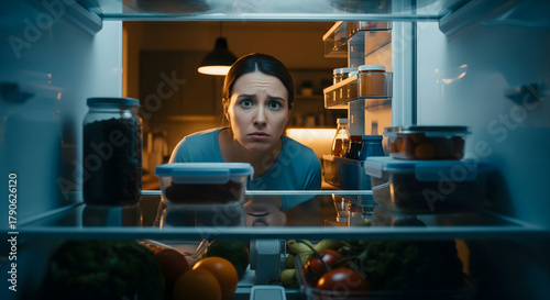 Worried Woman Staring into an Empty Refrigerator