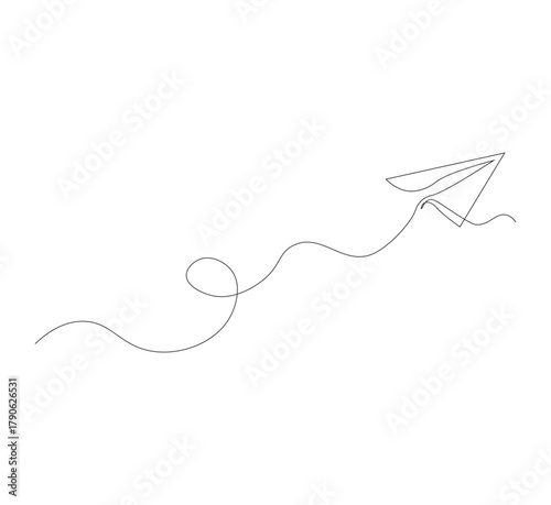 Continuous line paper airplane, white background. Abstract doodle email, letter plane. Vector abstract illustration of business trip flying ship in the sky.