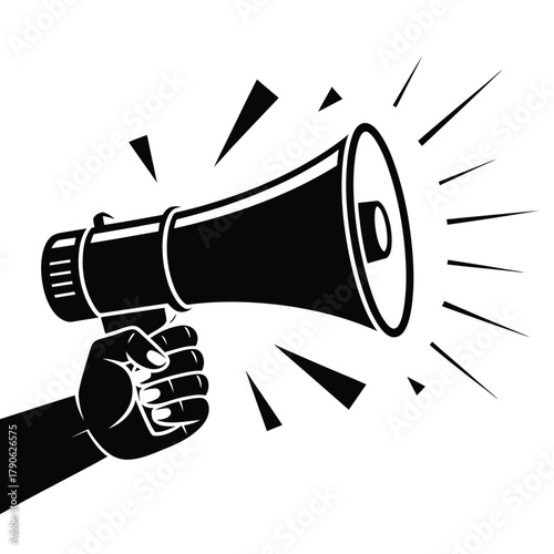 Hand holding a megaphone announcing with sound waves