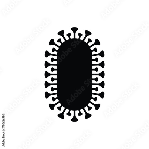 Black silhouette of a virus particle on white background