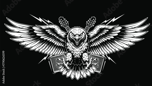 Eagle mascot with wings spread, guitars and amplifiers for heavy metal or rock music logo