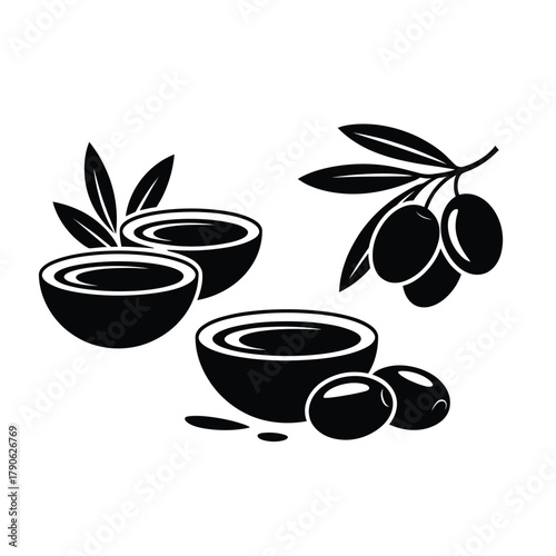 Black and white illustration of olive oil and olives with leaves