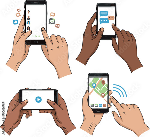 Create Hands gestures illustration set. Diverse people hands holding smartphones and using various apps like social media, chats and maps. Smartphone user activity concept. Vector illustration on whit