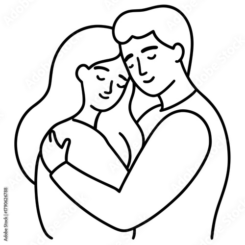 A loving couple embracing tenderly in a simple line art silhouette isolated on white background