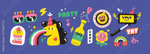 Set of birthday party funny and cute characters design. Stickers and patches vector illustration.
