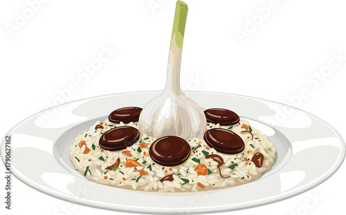 Gourmet risotto, garlic garnish, mushroom topping, vegetable mix, creamy texture, plated dish, culinary art, food styling, elegant presentation, cuisine