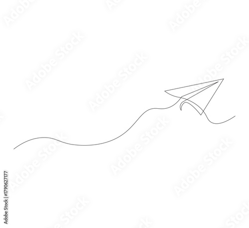 Continuous line paper airplane, white background. Abstract doodle email, letter plane. Vector abstract illustration of business trip flying ship in the sky.