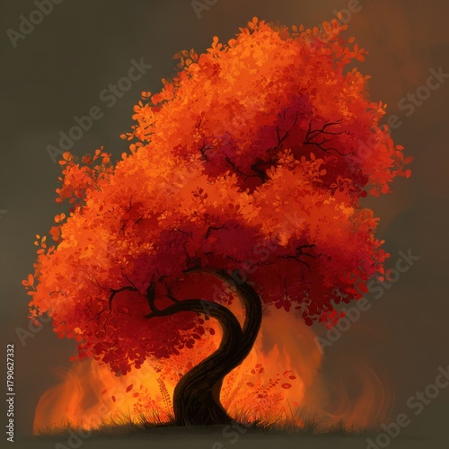 Solitary Tree Autumnal Splendor Digital Art Illustration Warm Hues Dramatic Lighting Fantasy Landscape