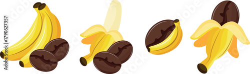 set of thematic icons on the theme of a variety of coffee flavors, namely a combination of coffee and bananas in various shapes, for cafe, restaurant menus or stickers