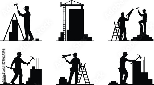 Construction workers, teamwork, building site, hammering, sawing, ladder work, rebar setup, crane structure, silhouette illustration, labor activity, industrial teamwork, construction tools