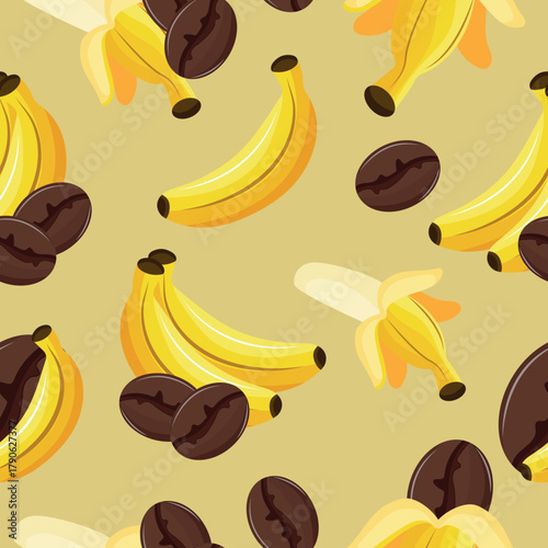 seamless pattern on the theme of a variety of coffee flavors, namely a combination of coffee and bananas in various shapes on a yellow background, for cafe, restaurant menus or stickers