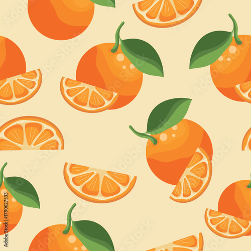 seamless pattern with ripe oranges with a green leaf and half an orange next to it on a yellow background, for fruit designs, social media or stickers