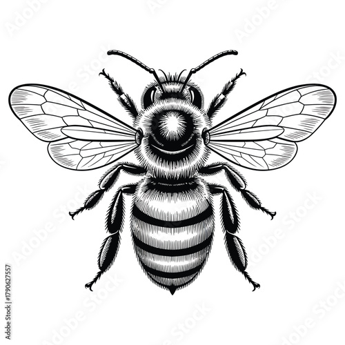 Detailed black and white illustration of a honey bee from above