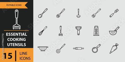 Essential cooking utensils outline icon set for kitchen design