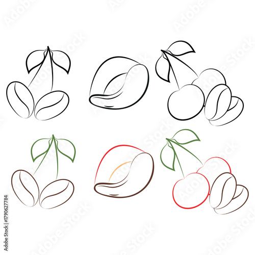 set of icons with cherry-flavored coffee beans in line art style, for coffee menus, restaurants or other coffee-themed designs