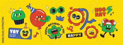 Set of birthday party funny and cute characters design. Stickers and patches vector illustration.
