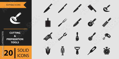 Collection of twenty solid icons for cutting and preparation tools