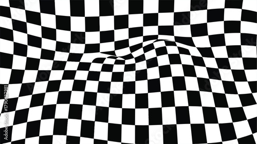 A mesmerizing black and white checkered optical illusion with a wavy, distorted pattern, creating a sense of depth and movement
