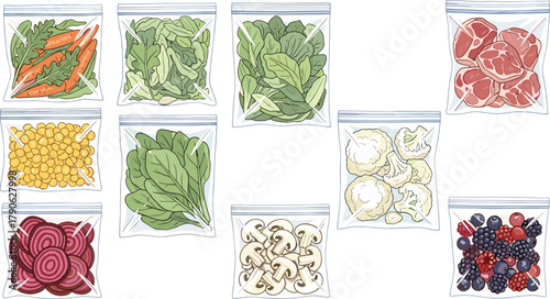 Healthy food storage, meal prep bags, frozen vegetables, fresh fruits, raw meat, organized kitchen, plastic pouches, diet planning, freezer meals, nutrition