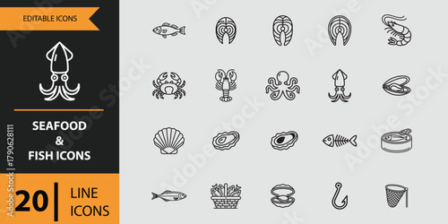 Outline icons set of seafood and fish designs