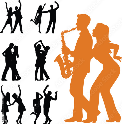 Dancing couple silhouette, saxophone player, live music, dance pose, vector illustration, black and orange, jazz performance, romantic movement, party vibe, celebration