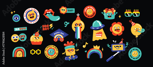 Set of birthday party funny and cute characters design. Stickers and patches vector illustration.

