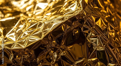 Close up of shiny gold foil texture with crumpled surface for luxury background use