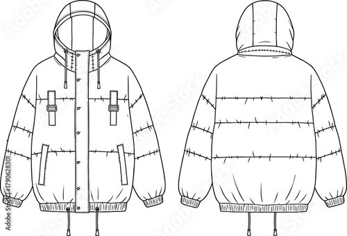 Puffer jacket technical flat sketch, winter hooded outerwear design, quilted padding illustration, drawstring hem, fashion garment template, front and back view
