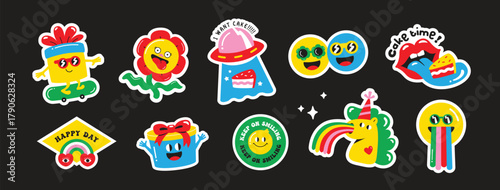 Set of birthday party funny and cute characters design. Stickers and patches vector illustration.
