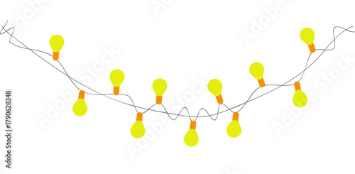 Bright yellow light bulb string for festive decoration or idea concept isolated on transparent background