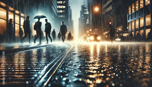 A cinematic, dramatic photograph of a wet pavement during a rainstorm, shot from a low angle