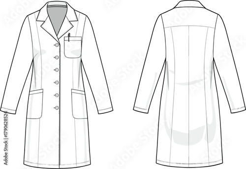 Professional medical doctor lab coat technical fashion flat sketch, long sleeve laboratory coat design, pockets, buttons, collar, clean outline illustration, uniform